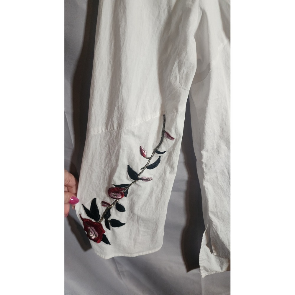 Mishca White Cotton Floral Embroidered Button Down Tunic Top Boho Artsy Large - Picture 5 of 7